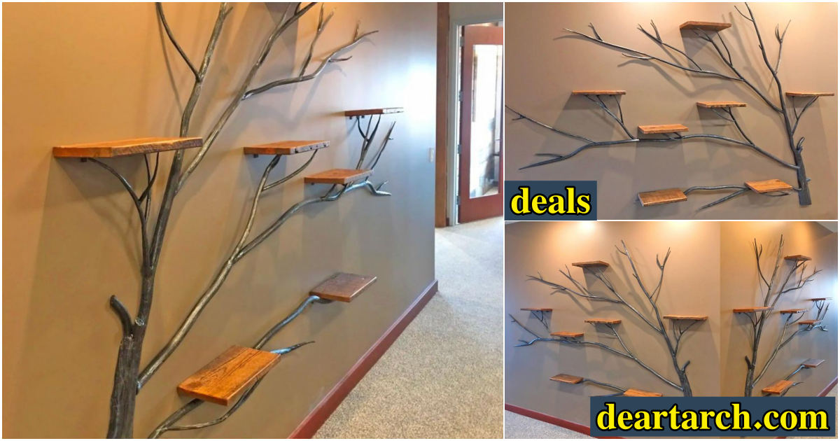 NatureInspired Elegance The Giant Iron Tree with Wooden Wall Shelves